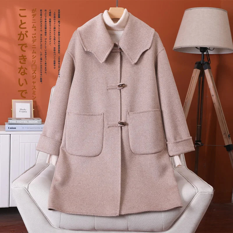 2025 Fashion Large Lapel Horn Button Women's Coat Autumn and Winter New Double-Sided Woolen 100%Pure Wool Warm Coat Large Pocket