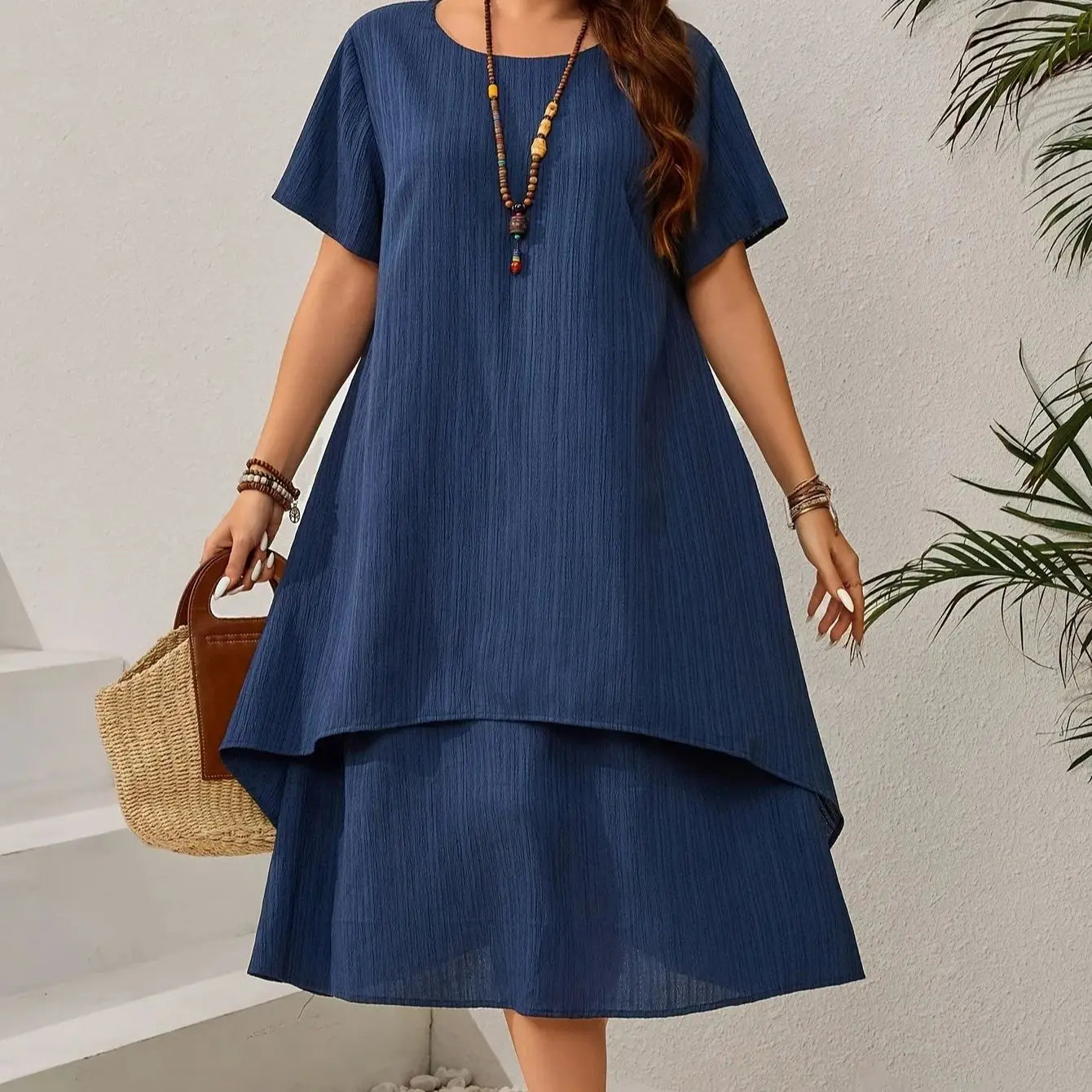 Plus Size Women's Summer Navy Blue Loose Dress - Figure-Flattering Irregular Midi Skirt for Curvy Ladies, Elegant Casual A-Line