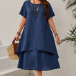 Plus Size Women's Summer Navy Blue Loose Dress - Figure-Flattering Irregular Midi Skirt for Curvy Ladies, Elegant Casual A-Line