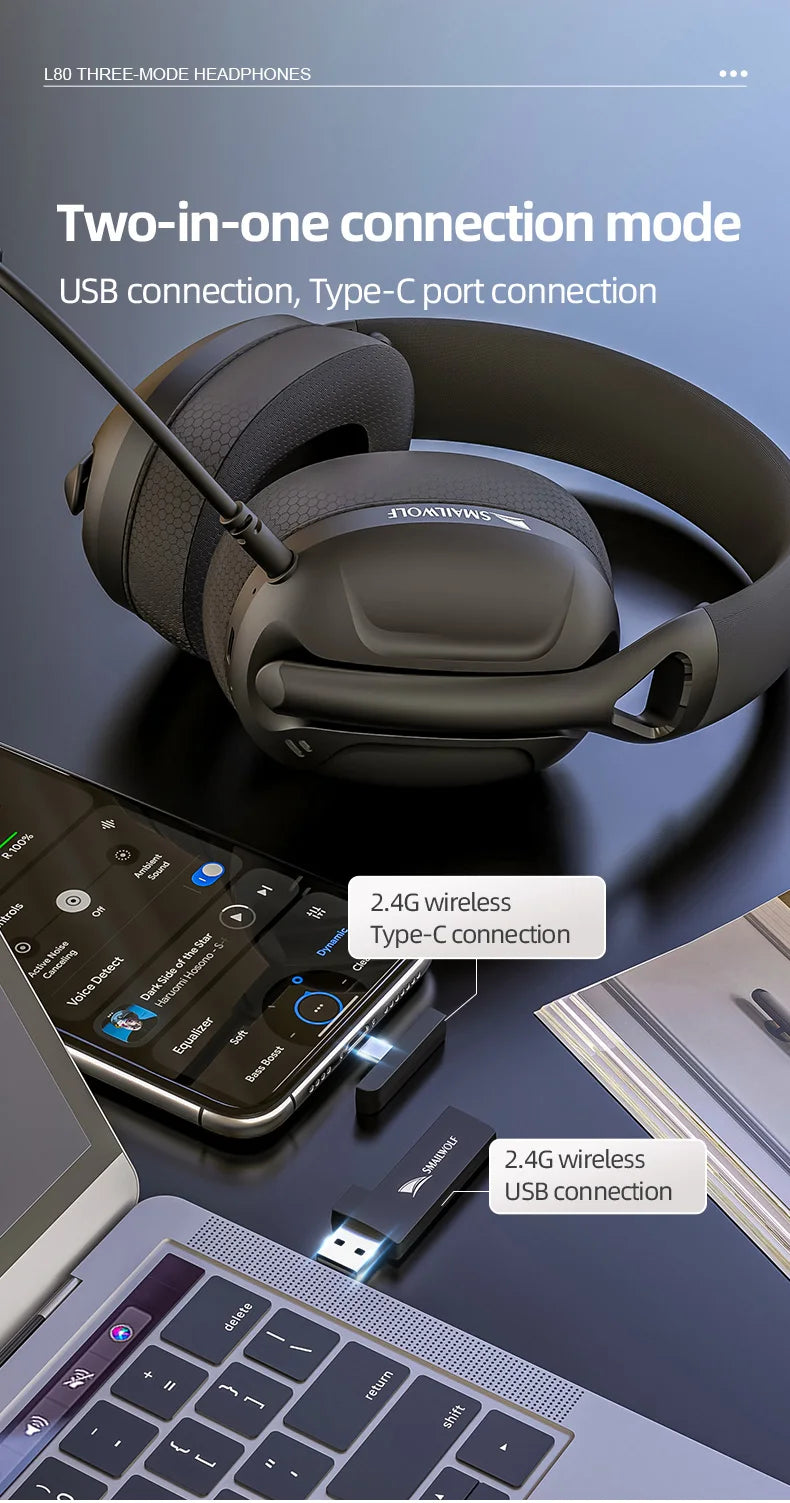 SmailWolf-L80 Bluetooth wireless three-mode headphones headset lightweight headset 2.4G gaming headsets sports bass