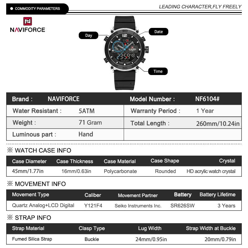 NAVIFORCE 6104 Fashion Sports Electronic Quartz Watch Men Calendar Luminous Outdoor Casual Digital Watches for Man reloj hombre