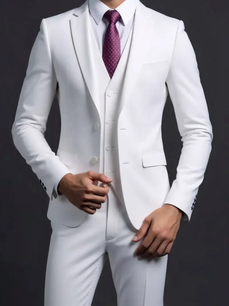 Men's Fashionable Gentleman Business British Style Solid Color Banquet Host Casual Wedding Suit (Blazer + Vest + Trousers)