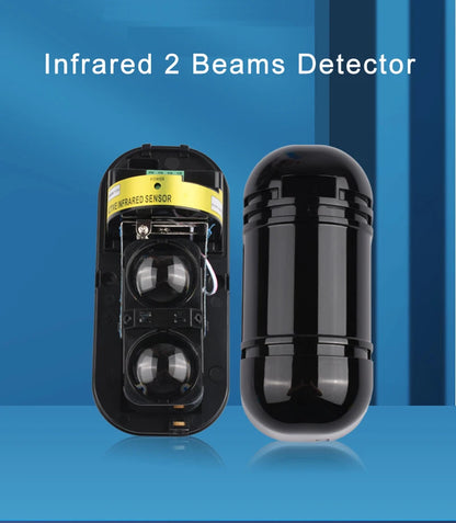Detector de infrarrojos antilluvia de dos haces con alarma y sensor, distancia de detección de 150 m para seguridad en exteriores.