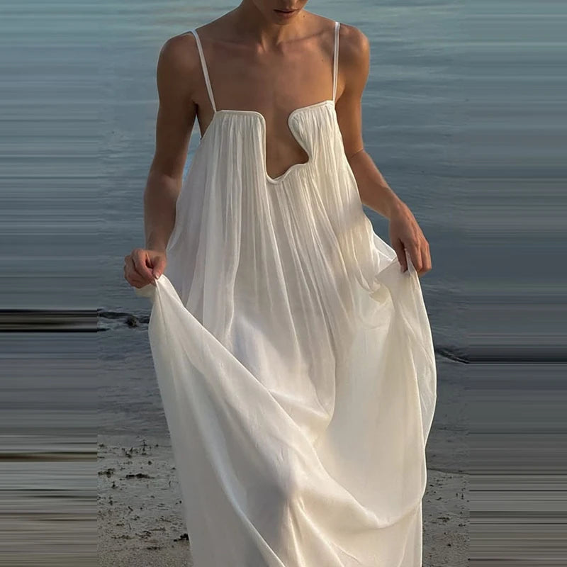 Lady Sexy Solid Color Deep V-neck Dress Elegant Suspender Beach Vacation Dress New Summer Chic Sleeveless Backless A-line Dress