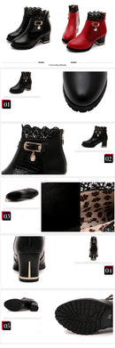 2025 Round Toe Women Fashion Crystal Belt Buckle Boots 6CM Square High Heels Shoes Sexy Leopard Lace Ankle Boots Woman Red Black