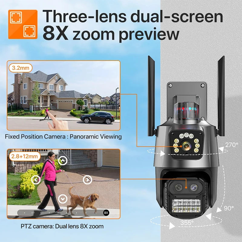 9MP PTZ Wifi Camera Three Lens Dual Screens Outdoor Surveillance CCTV Cameras Ai Human Detect Security IP Camera Auto Tracking