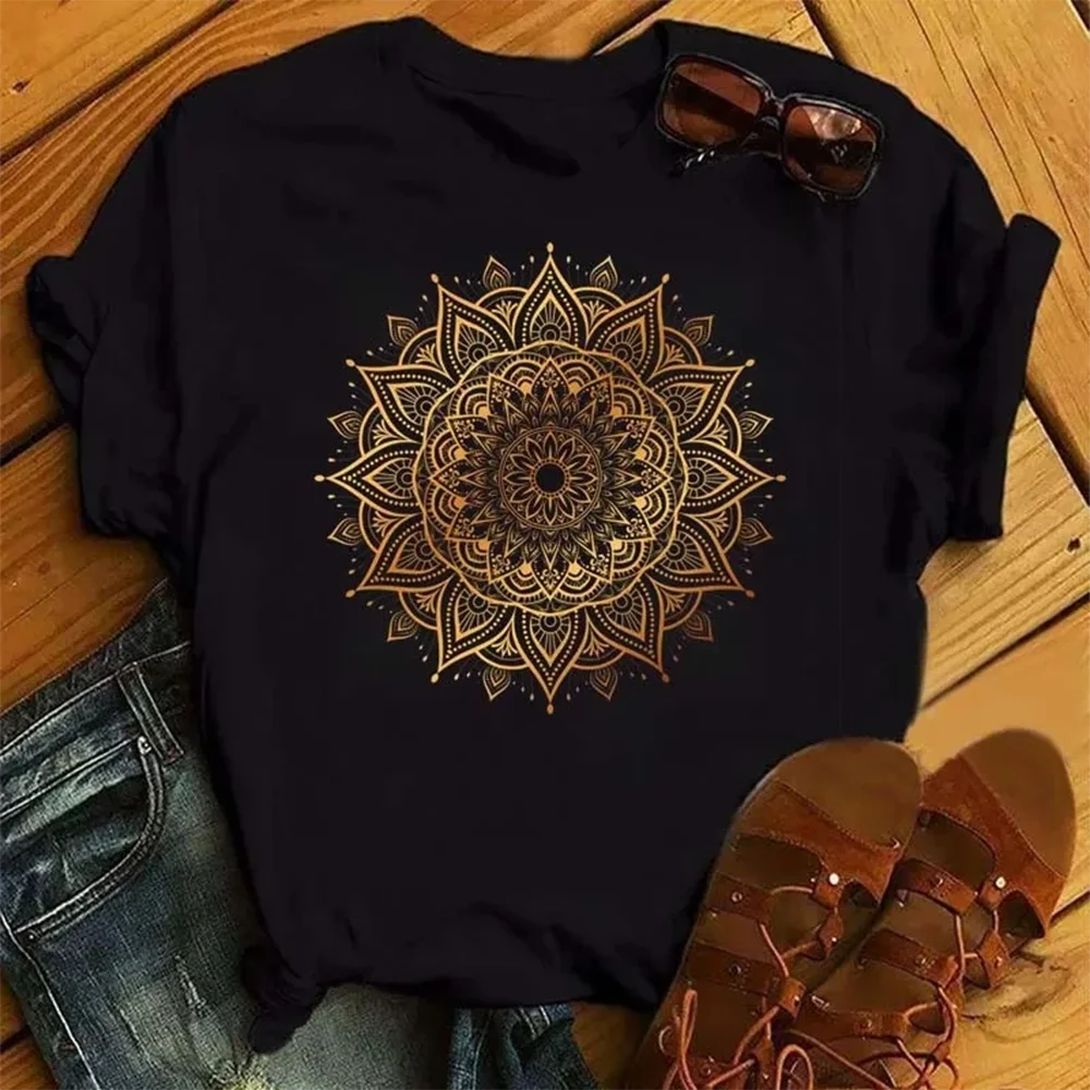 Women's Floral Mandala Printed T-Shirt, Plus Size Loose Short Sleeve Aesthetic Blouse, Casual Fashion, 90s Style, New