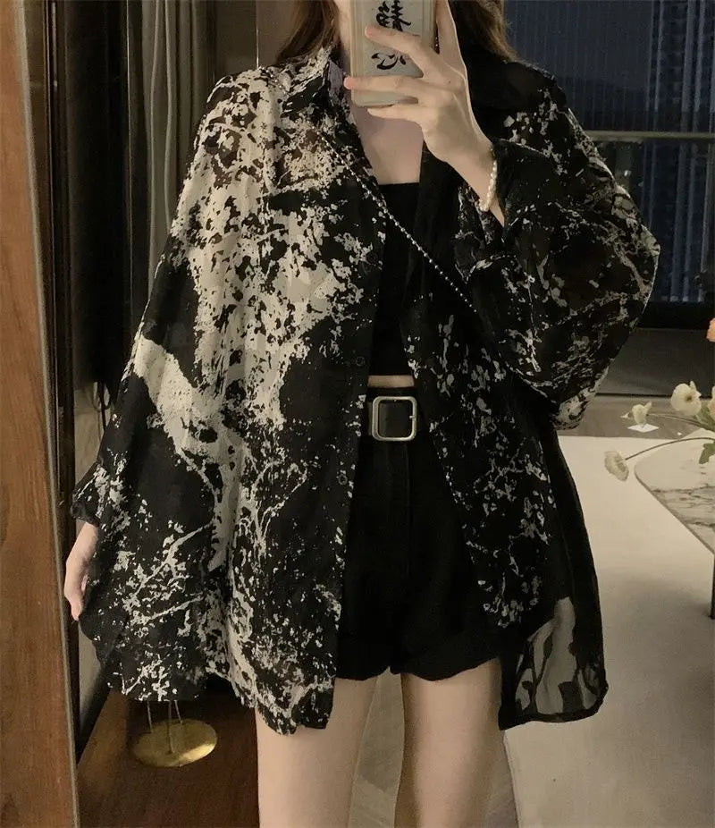 Plus Size Chubby MM Ink Printed Chiffon Sunscreen Shirt 300 Pounds Summer Retro Loose Long Sleeved Top Jacket for Women