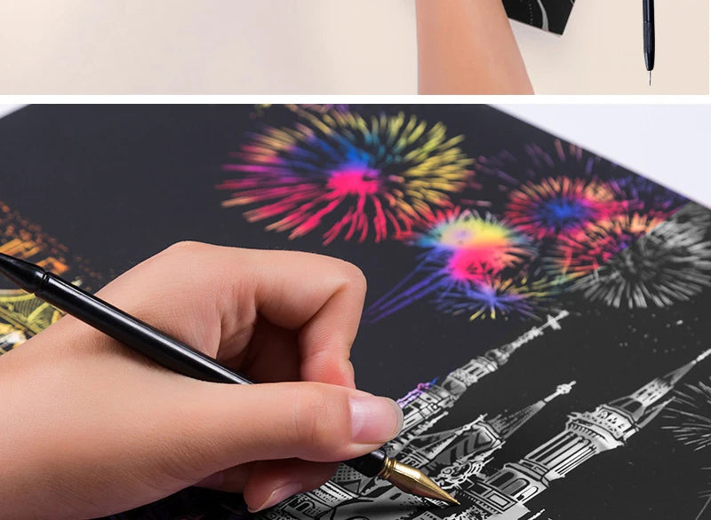 2 Sheets Scratch Paper Art Kit DIY Craft World Landmarks Animals City Scene Stylus Drawing Toy Adult Stress Relief Creative Gift