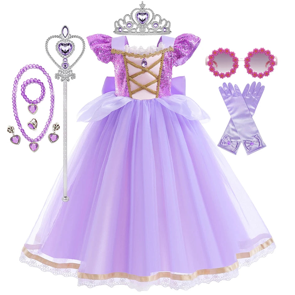 Vestido de Princesa Rapunzel de Verão – Cosplay Enrolados / Halloween / Festa de Aniversário – Fantasia Infantil