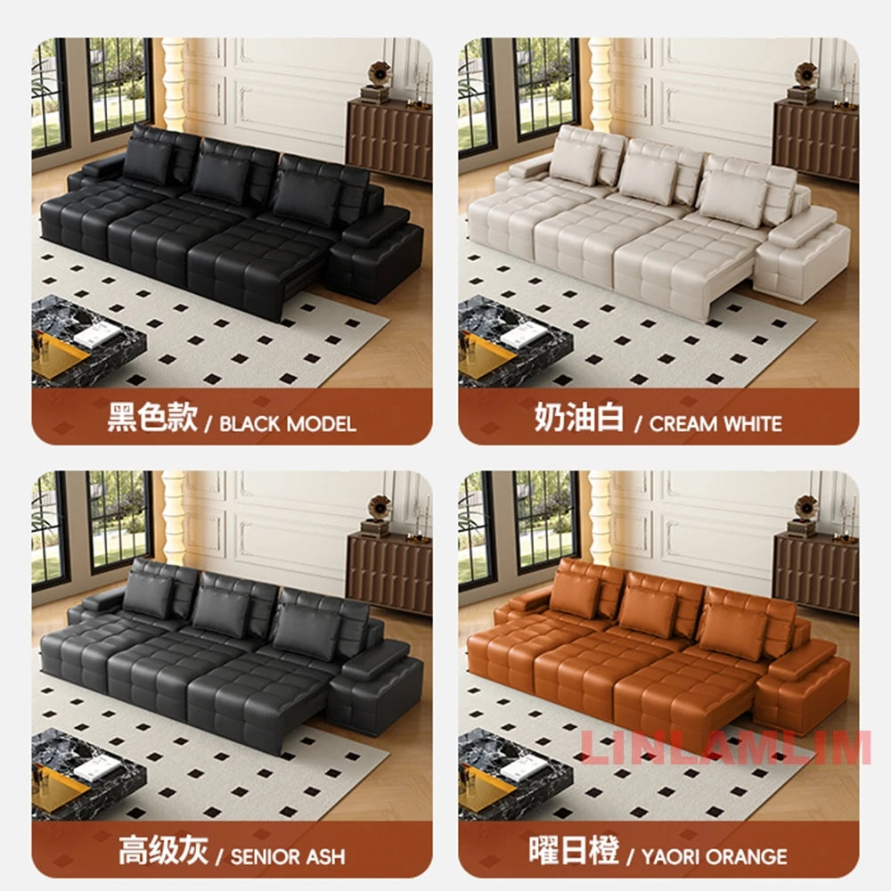MINGDIBAO Modern Genuine Leather Sectional Sofa Bed – Convertible Couch with Tufted Backrest and Armrest,Functional Sleeper Sofa