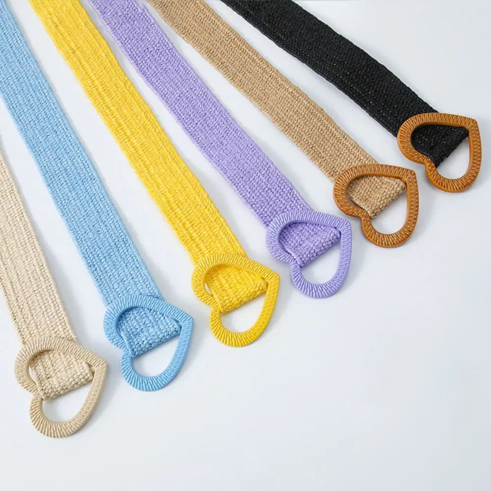 Straw Woven Waist Belt Summer Love Heart Buckle Candy Color Waistband Dress Decoration 4cm Wide Braided Belt