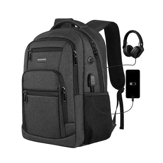 Mochila impermeable y transpirable de gran capacidad para computadora de 15.6 pulgadas, puerto USB y puerto reservado para auriculares DOXUNGOO