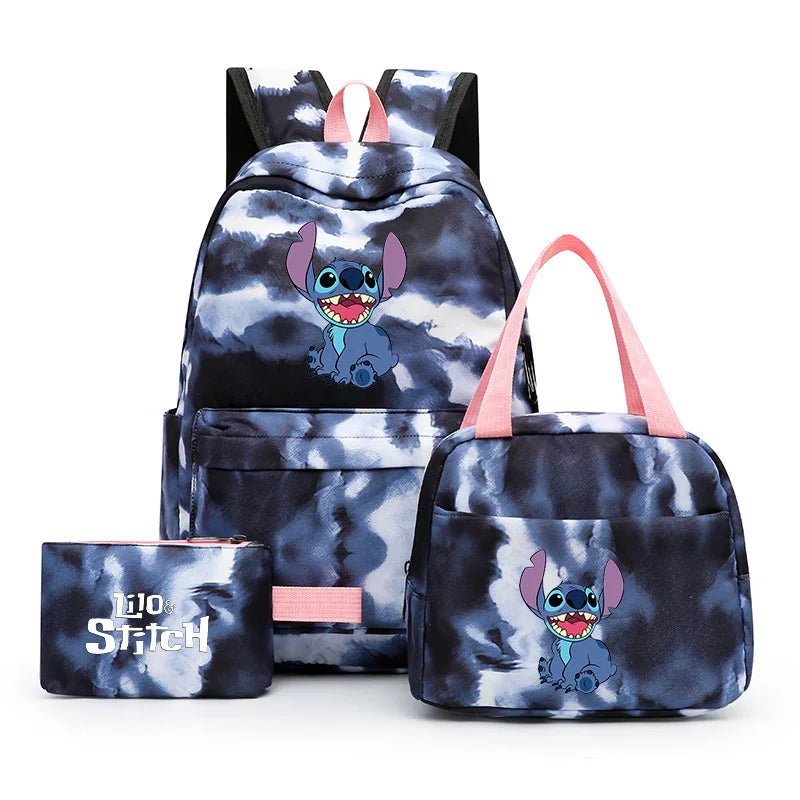 3pcs Disney Lilo Stitch Colorful Backpack with Lunch Bag for Women Student Teenagers Rucksack Casual School Bags Sets