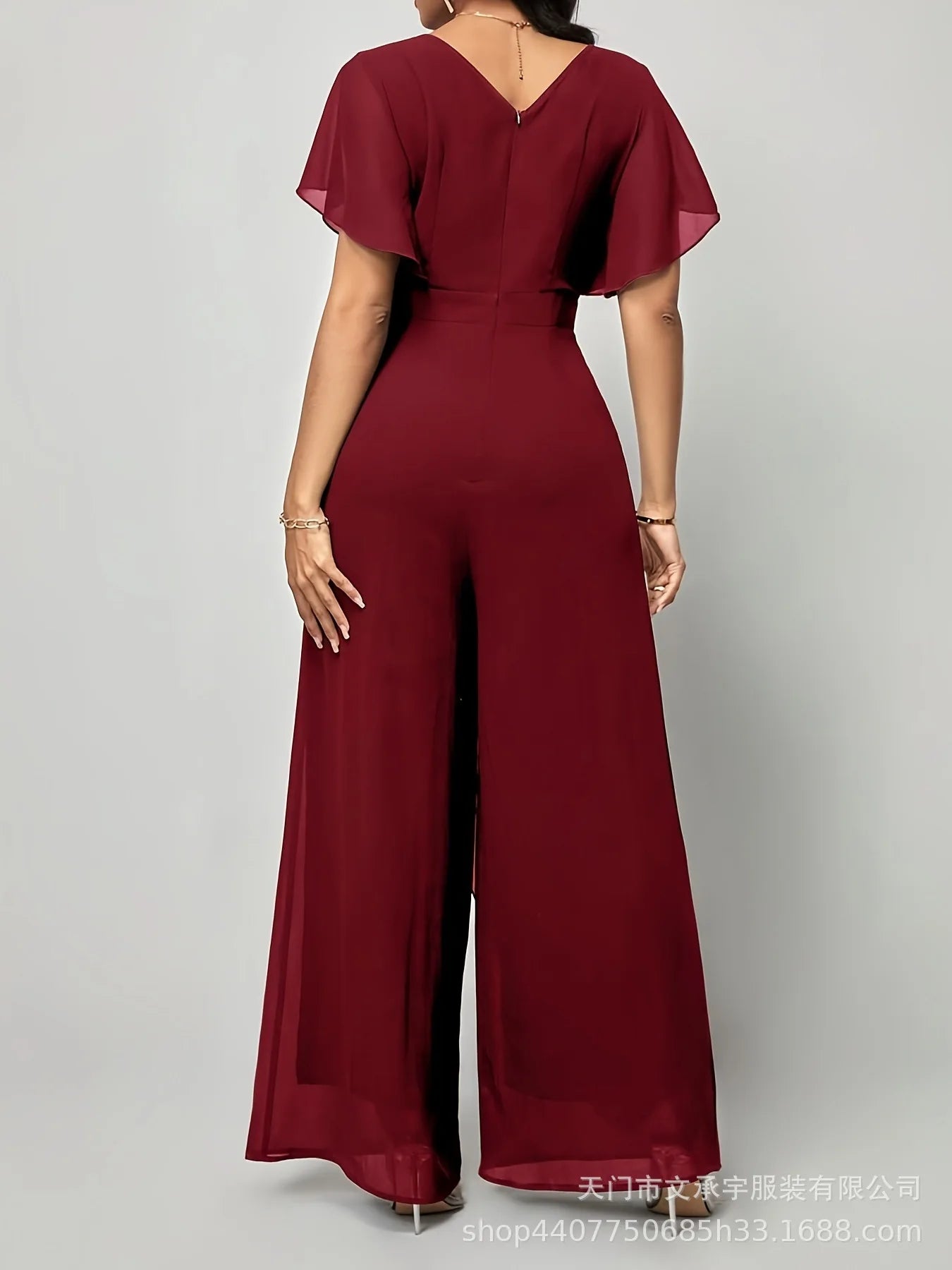 Women's New Solid V Neck Flutter Sleeve Tie Waist Split Wide Leg Jumpsuit Elegant Slimming Versatile Party Daily Casual Jumpsuit