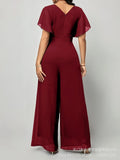 Women's New Solid V Neck Flutter Sleeve Tie Waist Split Wide Leg Jumpsuit Elegant Slimming Versatile Party Daily Casual Jumpsuit