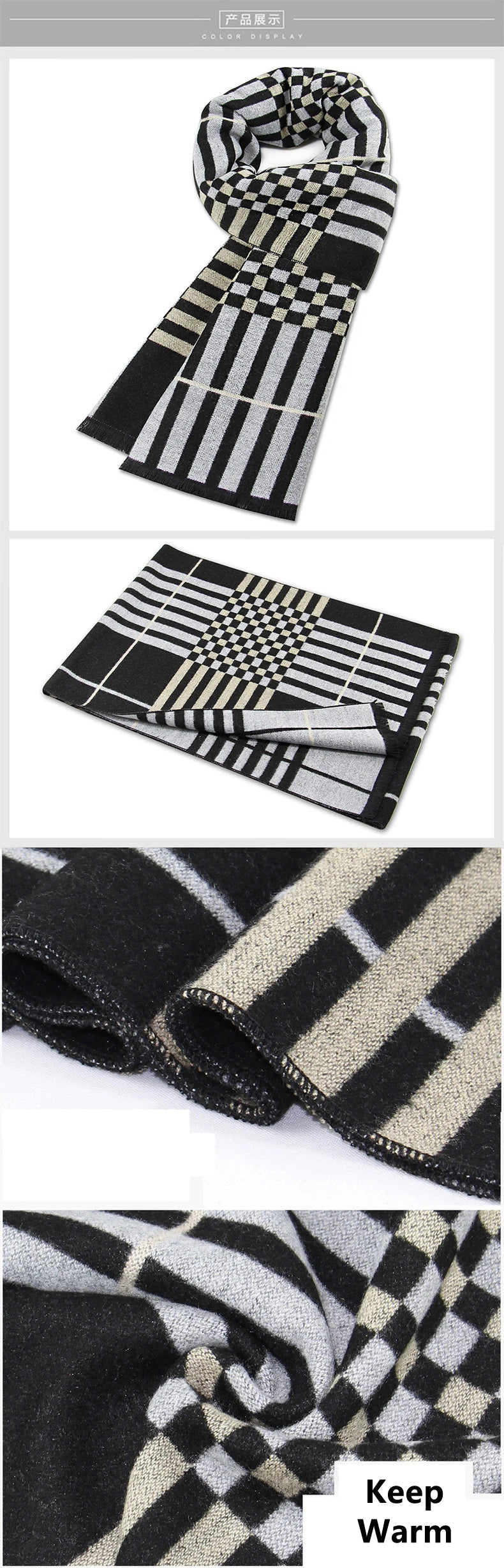 Classic Plaid Men Scarves Winter Warm Cashmere Soft Scarf For Men Casual Business Neckerchief Black Gray Silk Scarves 30*180cm