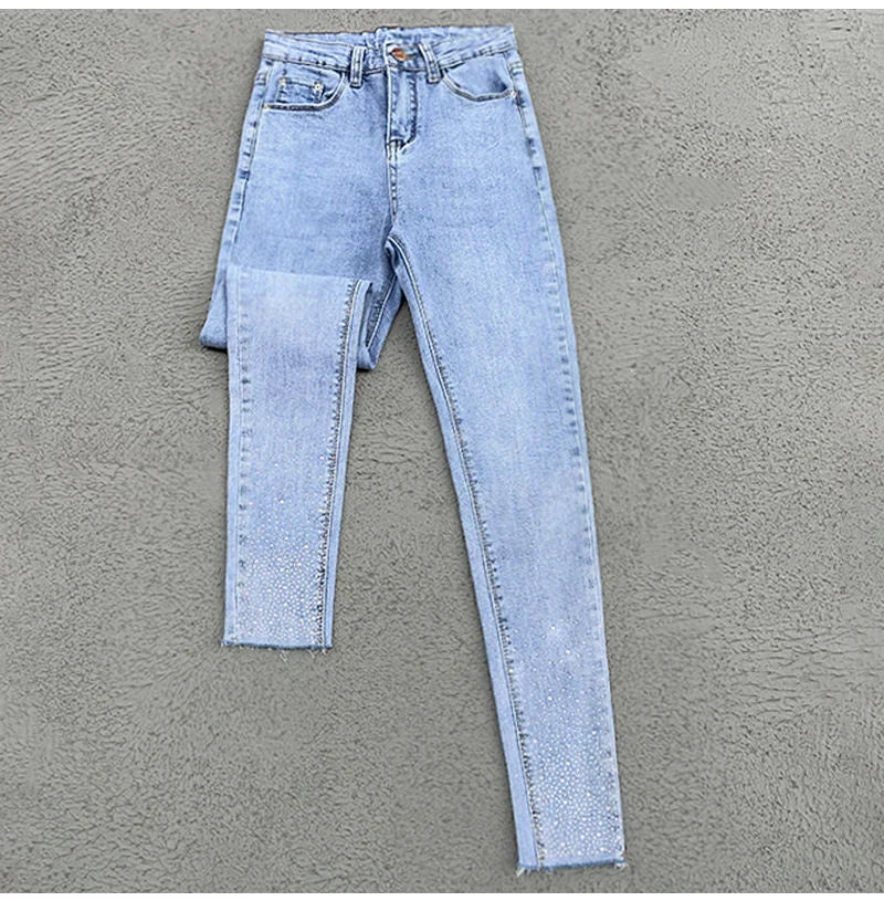 Spring Summer 2024 New Fashion Harem Denim Pants Female Rhinestones Korean Version High Waist Slim Elastic Jeans Pencil Pants