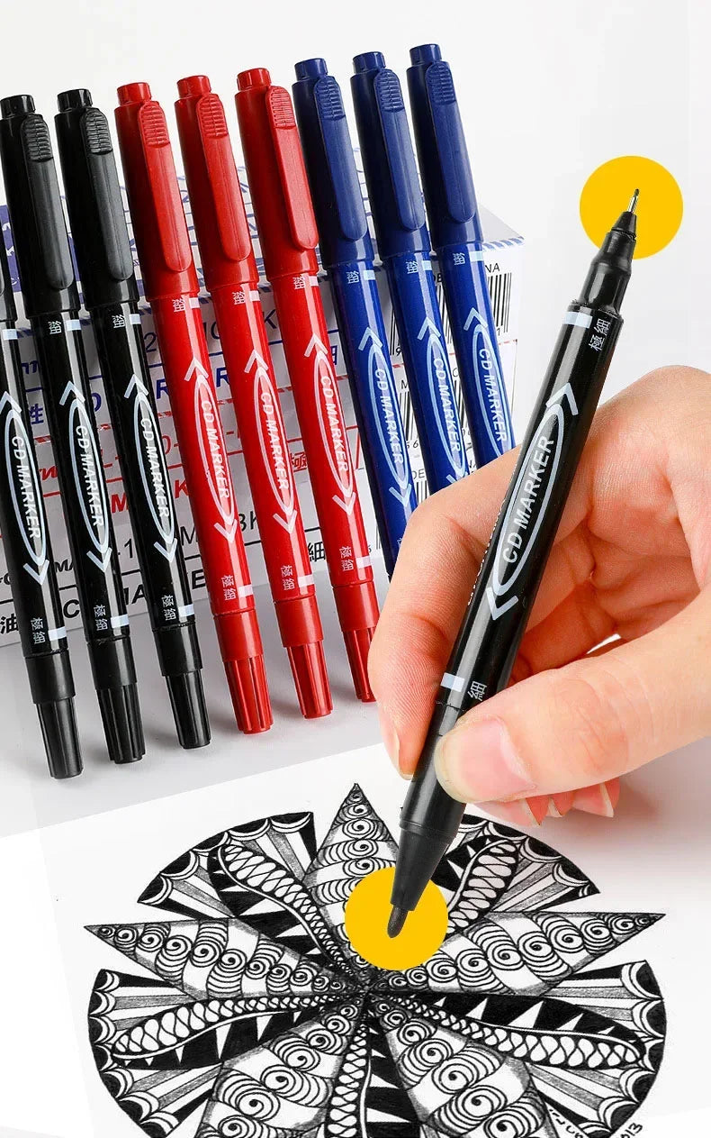 10Pcs Double Tip Permanent Markers Pens Waterproof Oily Fine Tip Black Painting Marker Graffiti Marking Pens School Supplies