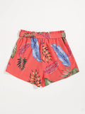 Women's Plus Size Tropical Leaf Print Paperbag Waist Shorts, Tie Belt Loose Wide Leg Chiffon Vacation Beach Casual Shorts