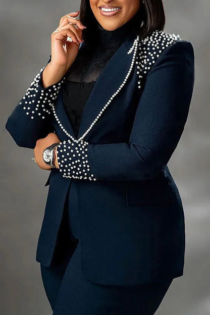 CM.YAYA Conjunto de dos piezas de chaqueta de manga larga y pantalón ancho para mujer, con empalme de perlas, para invierno y otoño de 2024