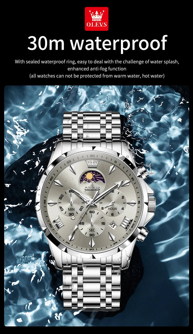 OLEVS 3653 Mens Watch Quartz Watch Multifunctional Chronograph Watch For Men 30M Waterproof Luminous Moon Phase Box Original