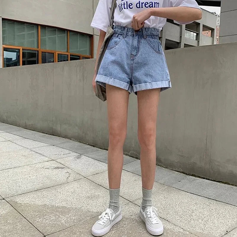 Zmzbch verão cintura alta denim shorts feminino casual solto senhoras moda plus size cintura elástica perna larga calças de brim curtas feminino
