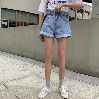 Zmzbch verão cintura alta denim shorts feminino casual solto senhoras moda plus size cintura elástica perna larga calças de brim curtas feminino