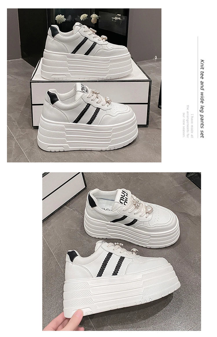 8cm Leather Flats Casual Dad Shoes Chunky Sneakers 2025 Women Platform Sports Shoes Ladies Skateboard Hidden Heels Shoes Tennis