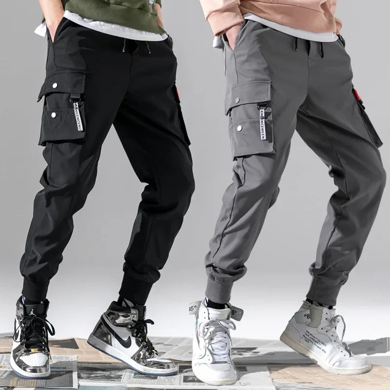 Classic Streetwear Casual Men Ribbons Harem Jogging Pants Male Slim Fit Spring Cargo Pants Multi-Pockets Women Trousers k32