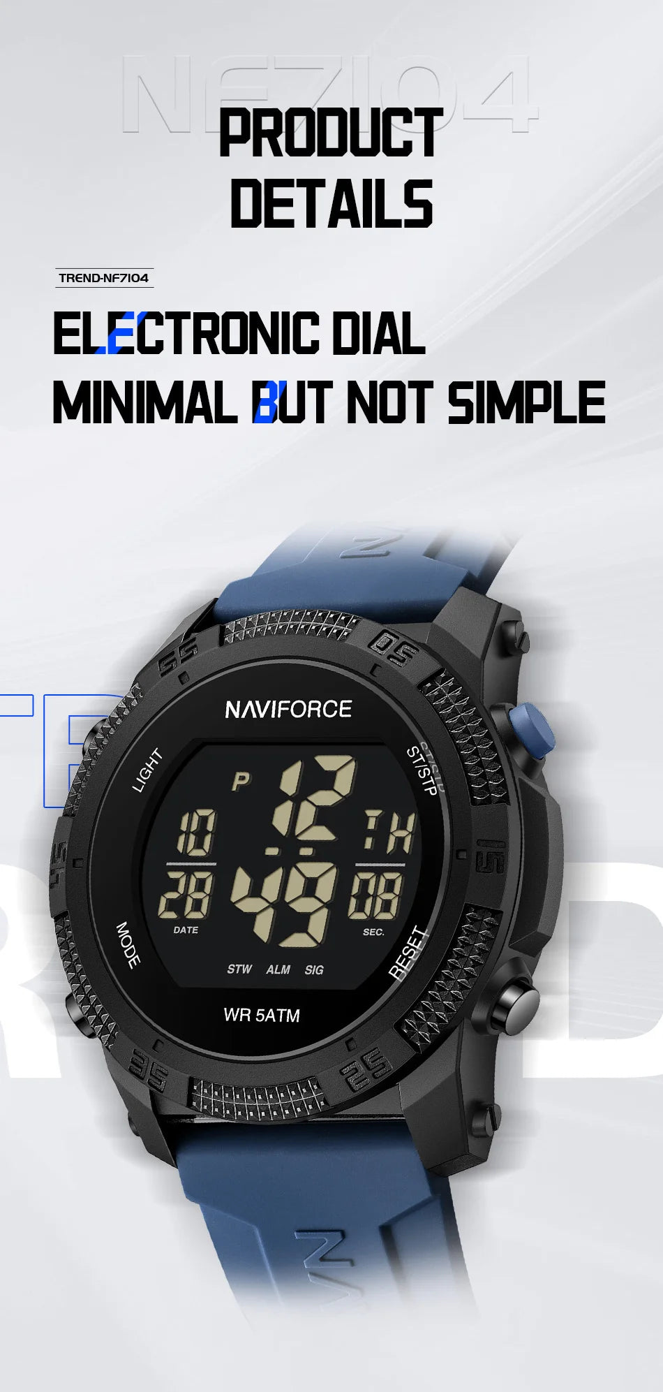 NAVIFORCE - Reloj de pulsera digital LCD para hombre, deportivo, resistente al agua hasta 50 m, con correa de silicona, informal, electrónico