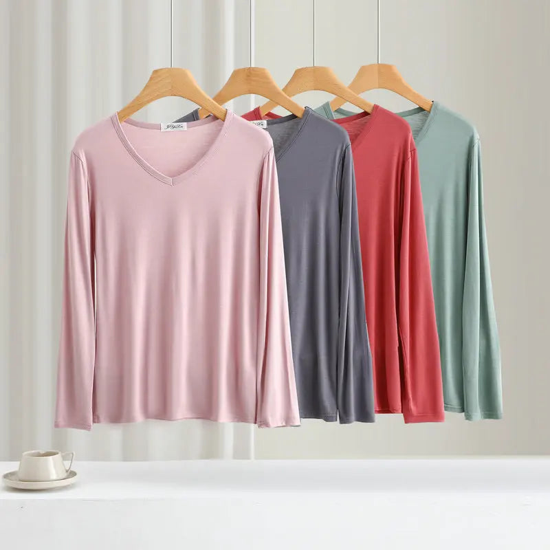 Modal Bottoming Tshirt Long sleeves thin Mask T-shirts Solid color V-Neck Base Tee Tops Plus size loose undershirt all match