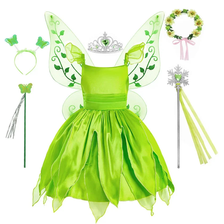 Girls Disney Party Dresses Fairy Tiana Costume for Girl Tinkerbell Children Clothing Princess Elf Birthday Ball Gown Wing Dresse