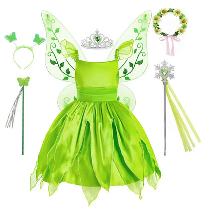 Girls Disney Party Dresses Fairy Tiana Costume for Girl Tinkerbell Children Clothing Princess Elf Birthday Ball Gown Wing Dresse