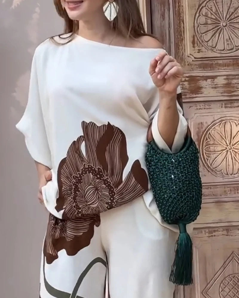 2-Piece Printed Slanted Neck Batwing Sleeve Top and Casual Loose Straight Leg Pants Set for Women's Summer Elegance 2-Piece Set