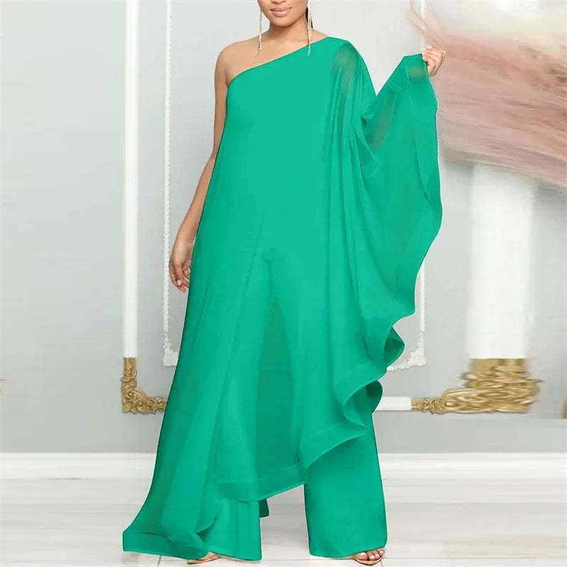 Elegant Chiffon One Shoulder Wide Leg Jumpsuit Women Club Party Birthday Outfits One Pieces Rompers Overalls Combinaison Femme