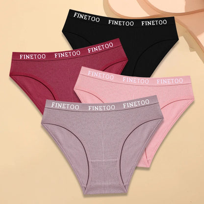 FINETOO - 4 piezas de ropa interior de algodón a rayas para mujer, bragas con cinturón y letras, lencería de cintura baja, bragas transpirables sólidas