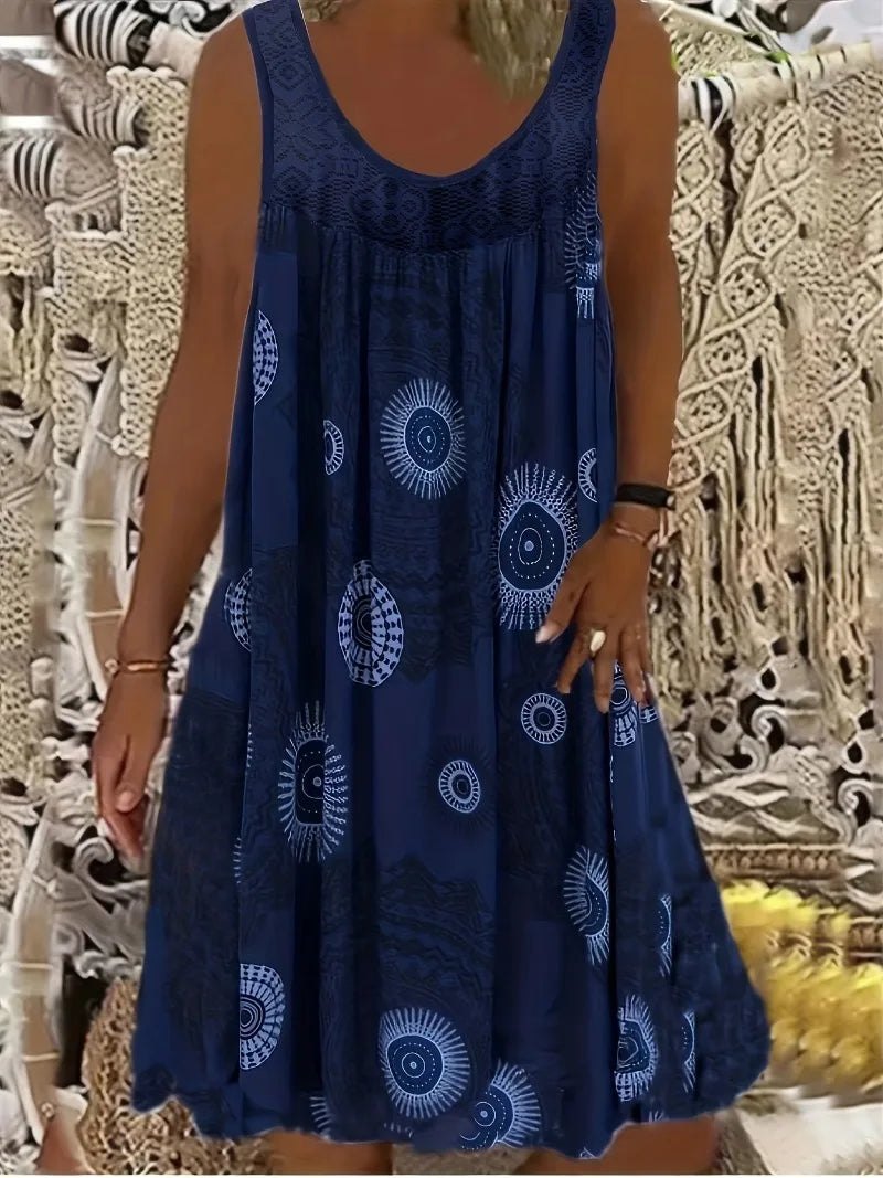 Vestido sin mangas para mujer, talla grande 1XL-8XL, estampado de paneles de encaje, sin mangas, dobladillo grande