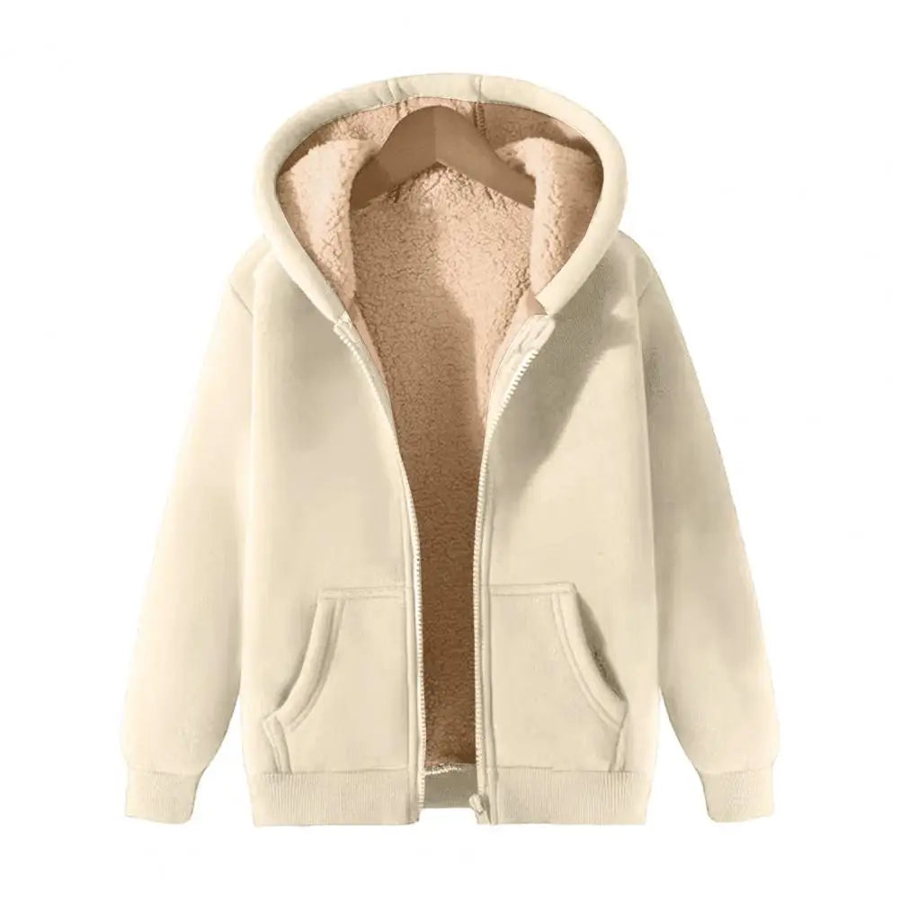 2024 Trendy Sweatshirt Coat Front Pockets Warm Zipper Lamb Wool Jacket Men Woman Winter Pure Color Plush Lined Cardigan Hoodie