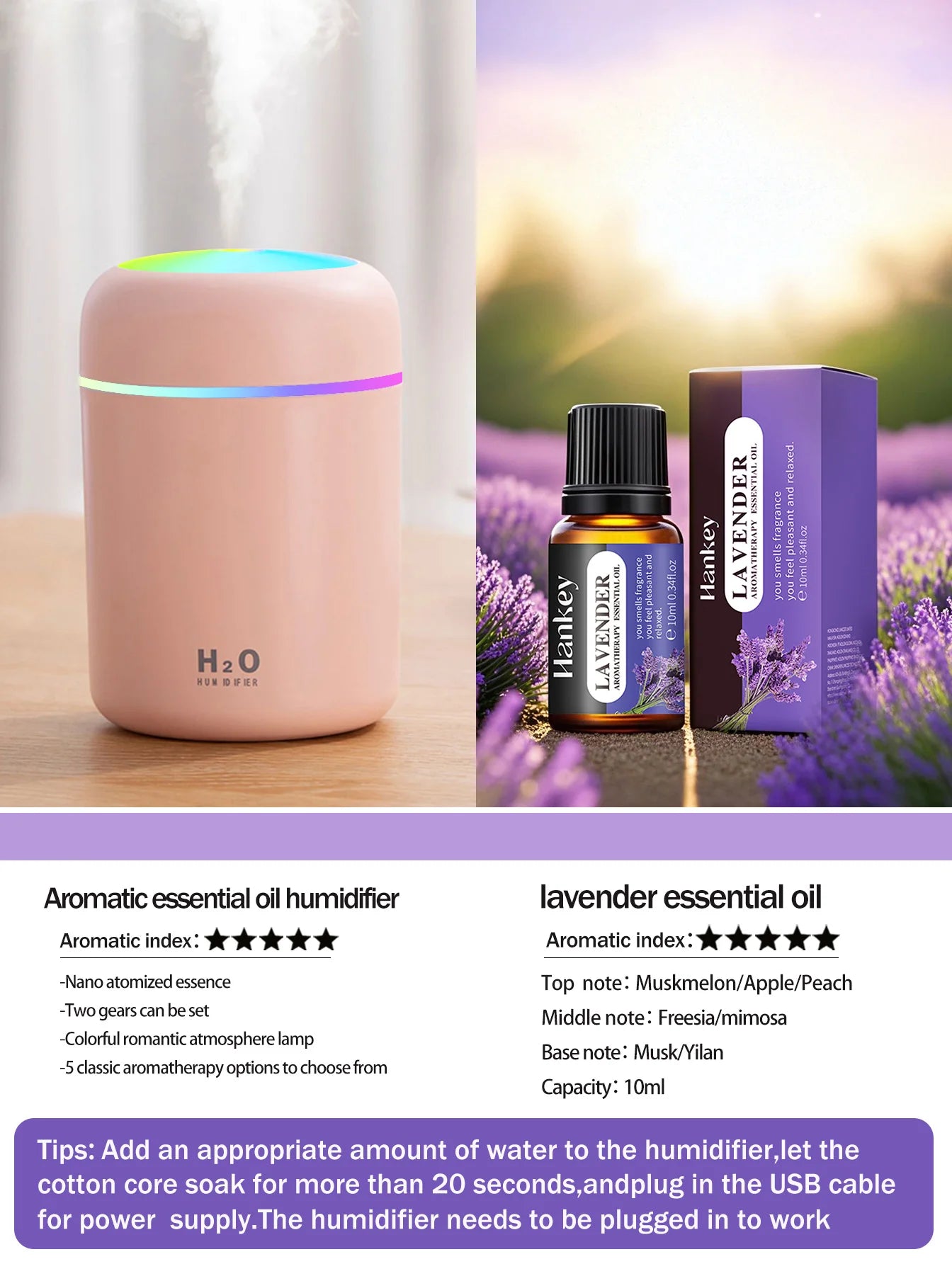 300ml Aromatherapy Diffuser Humidifier Air Purifier Car Home Use Seven-color Light Aromatherapy Essential Oil