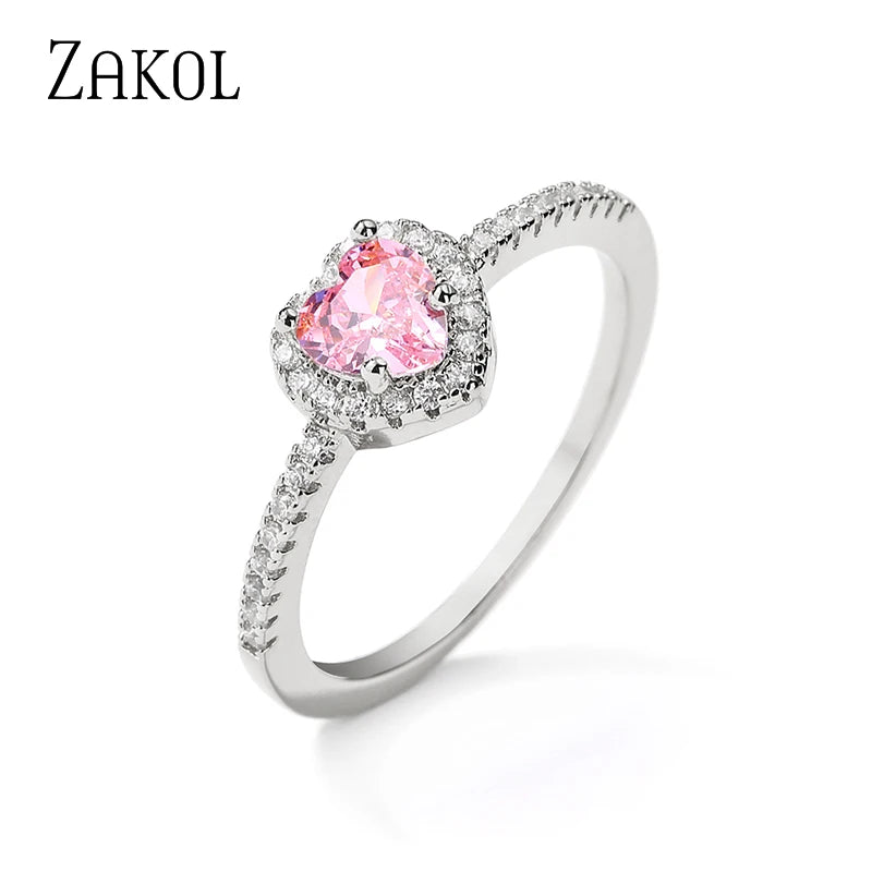 Anillos de compromiso ZAKOL con corazón rosa romántico y circonita cúbica para mujer, anillos de boda de moda con circonita cúbica AAA, joyería para regalo de San Valentín.