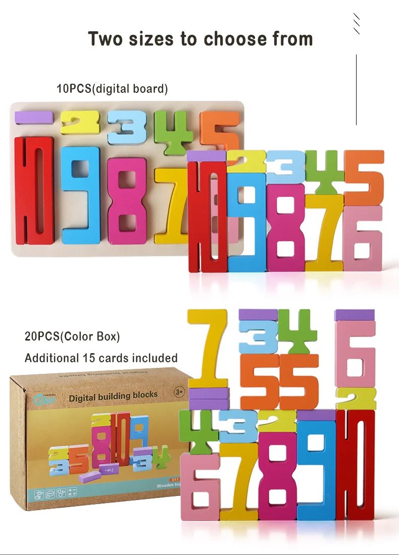 Wooden educational digital blocks, creative puzzles, stacking toys, fun brain teasers, early education topics, Montessori style