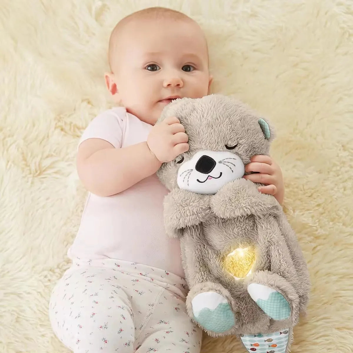 Baby Toy Doll, Breathing Bear, Newborn Sleep Relaxation Playmate, Otter Toy, Gentle Sleep Music, Light Plush Toy with Sound, Gif