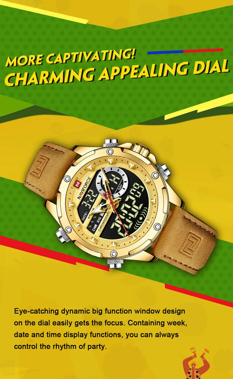 NAVIFORCE Luxury Original Watches For Men Casual Sport Chronograph Alarm Quartz WristWatch Leather Waterproof Digital Clock 9163