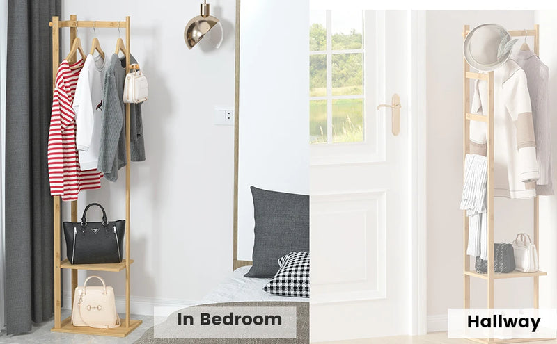 Heavy Duty Bamboo Coat Stand Freestanding Corner Clothes Rack with Hook and Shelves