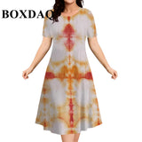 2026 New Women's Dresses 9XL Plus Size Striped Tie Dye Print Summer Elegant Loose Short Sleeve Dresses Fashion Oversized Clothes