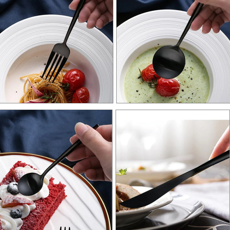 30pcs Black Dinnerware Set Stainless Steel Steak Knife Fork Coffee Spoon Teaspoon Flatware Dishwasher Safe Kitchen Tableware Set