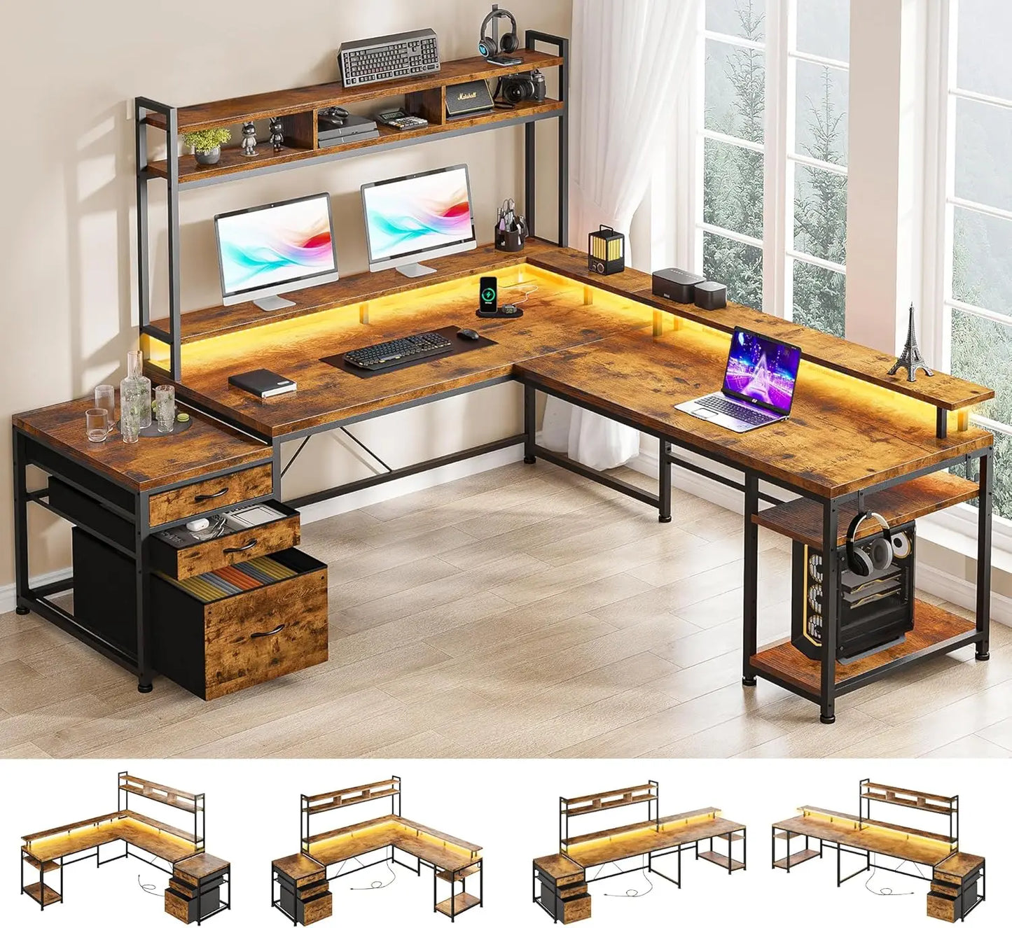 EnHomee L Shaped Gaming Desk with Drawers 66" Reversible Home Office Desks with LED Light & Power Outlets White Computer
