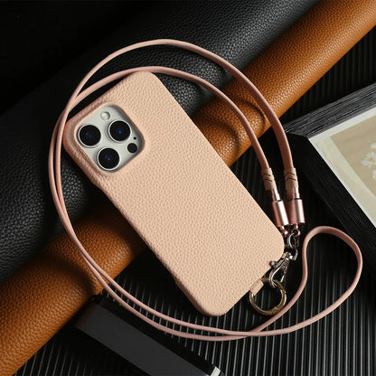 Funda de piel auténtica personalizable con cordón de carga para iPhone 16 Pro Max, 15, 14, 13, 12 y 11, con funda magnética.