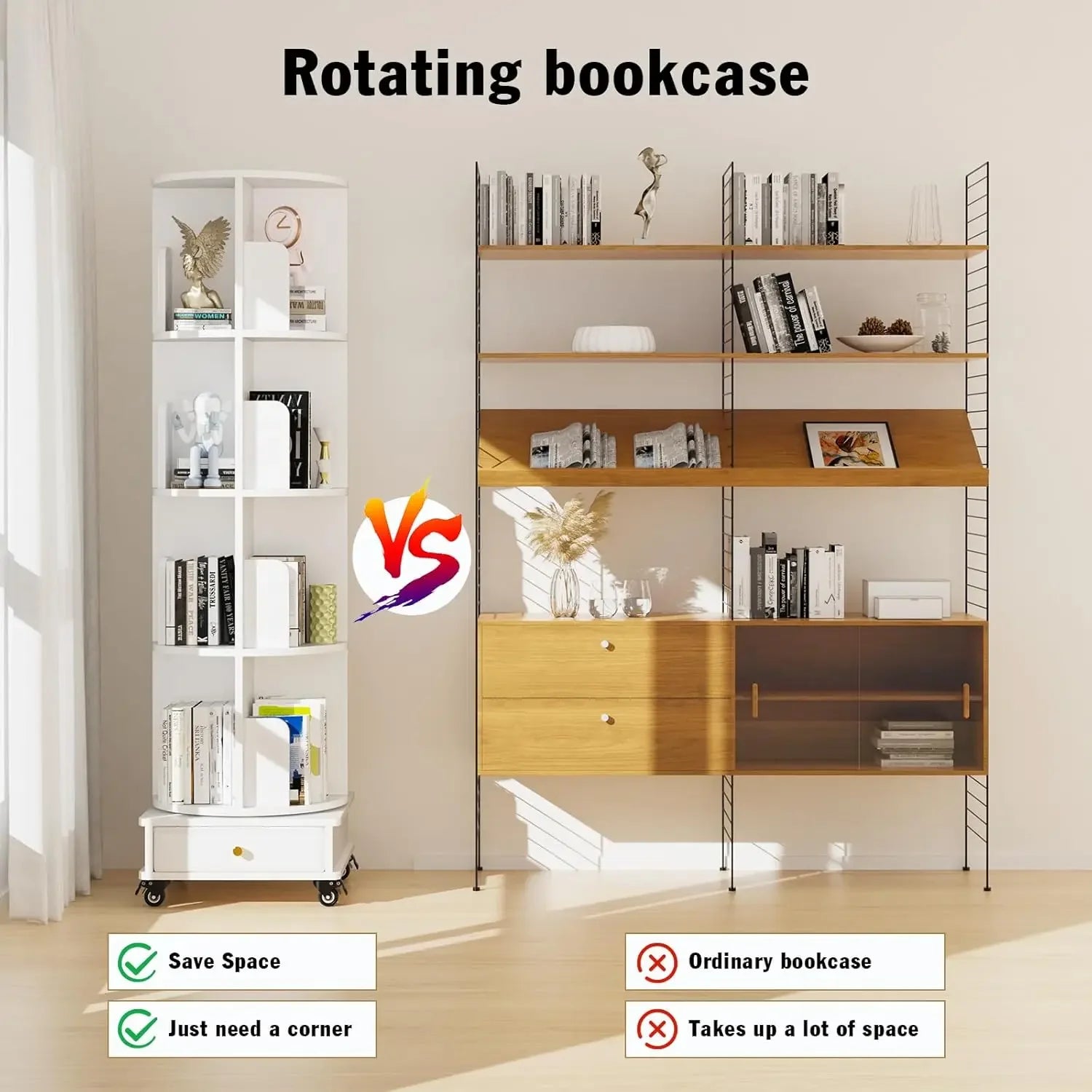 Wooden 4-layer Corner Bookshelf Can Rotating Movable Bookshelf With Single Drawer/Wheels/Storage Shelf For Study/Bedroom/Home